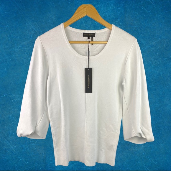 HP💎 NWT Donna Karan New York Twist 3/4 Sleeve Scoop Neck Knit Blouse White XS - Picture 2 of 16
